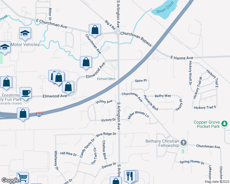 map of restaurants, bars, coffee shops, grocery stores, and more near 4224 Victory Court in Indianapolis