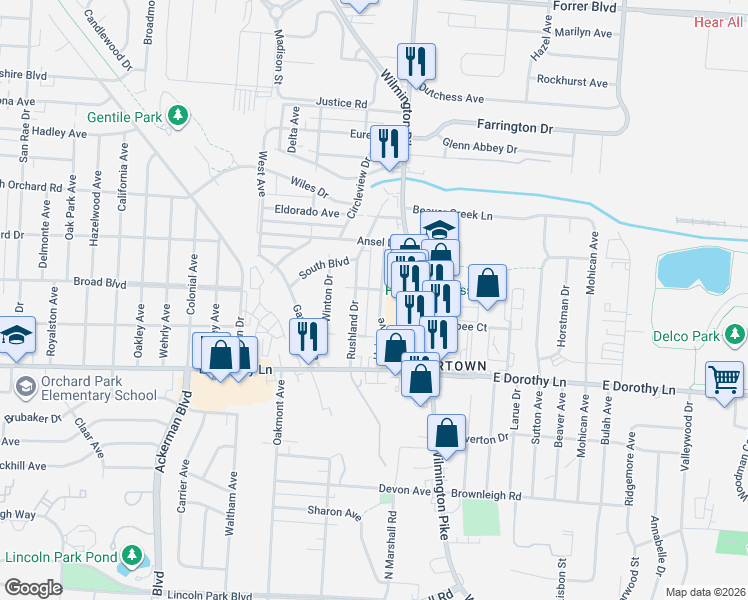map of restaurants, bars, coffee shops, grocery stores, and more near 2752 Haig Avenue in Dayton