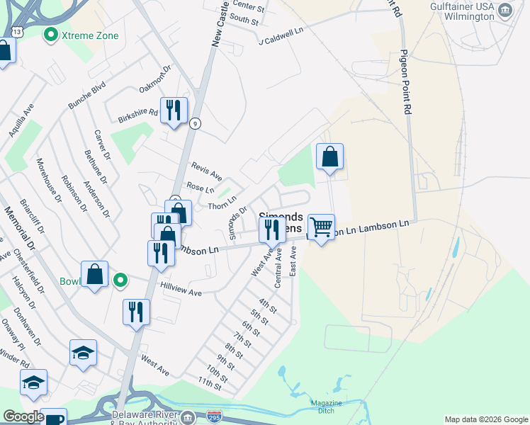 map of restaurants, bars, coffee shops, grocery stores, and more near 23 Cahalan Road in New Castle