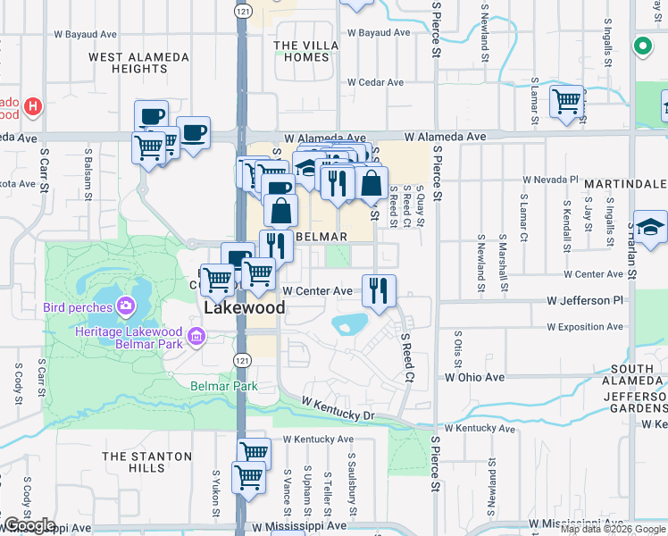map of restaurants, bars, coffee shops, grocery stores, and more near 7241 West Custer Avenue in Lakewood