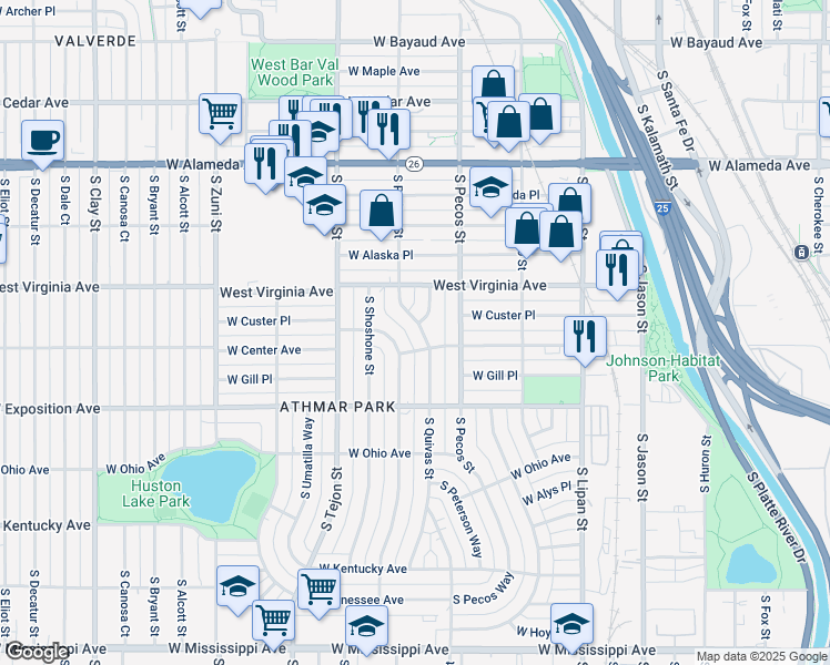 map of restaurants, bars, coffee shops, grocery stores, and more near 550 South Quivas Street in Denver