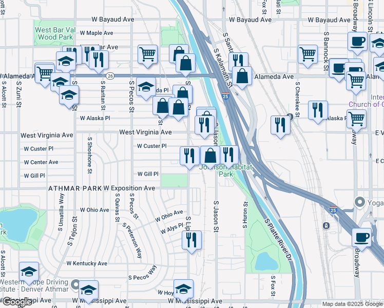 map of restaurants, bars, coffee shops, grocery stores, and more near 560 South Lipan Street in Denver