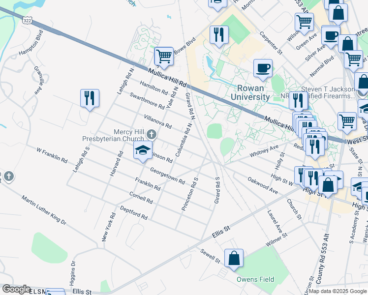 map of restaurants, bars, coffee shops, grocery stores, and more near 114 Villanova Road in Glassboro