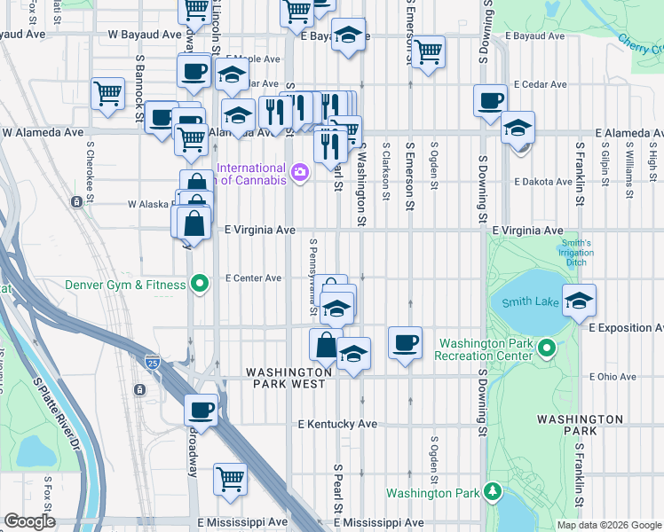 map of restaurants, bars, coffee shops, grocery stores, and more near 551 South Pearl Street in Denver