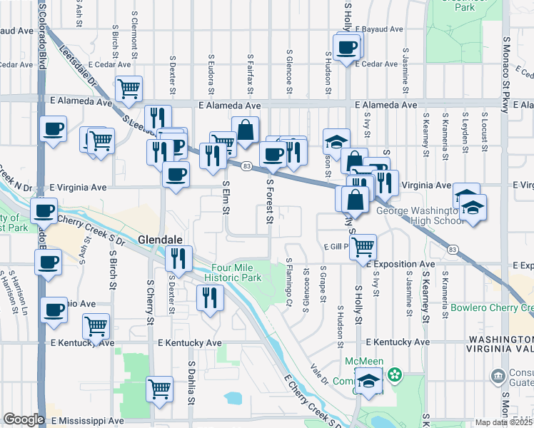 map of restaurants, bars, coffee shops, grocery stores, and more near 580 South Forest Street in Denver