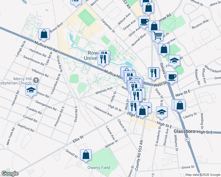 map of restaurants, bars, coffee shops, grocery stores, and more near 477 Whitney Avenue in Glassboro