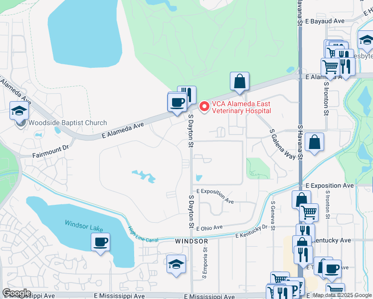map of restaurants, bars, coffee shops, grocery stores, and more near 610 East Center Avenue in Denver
