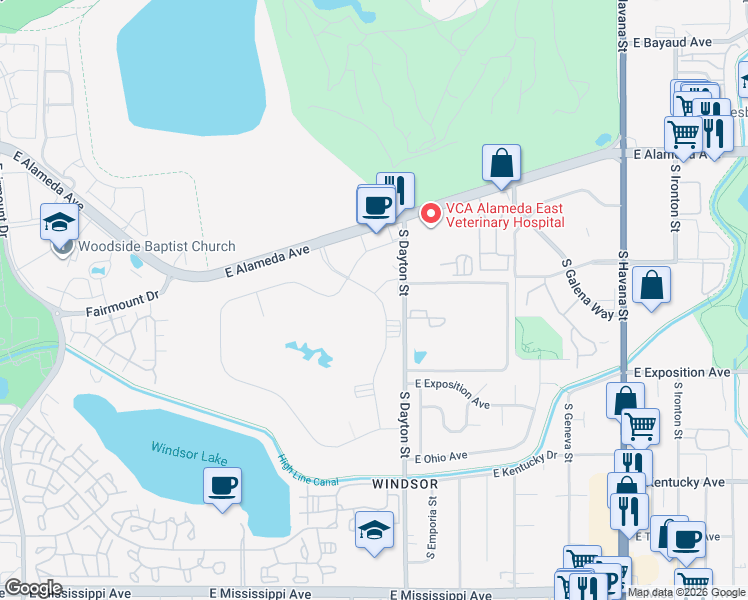 map of restaurants, bars, coffee shops, grocery stores, and more near 597 South Clinton Street in Denver
