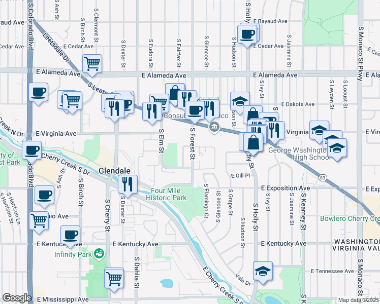 map of restaurants, bars, coffee shops, grocery stores, and more near 580 South Forest Street in Denver