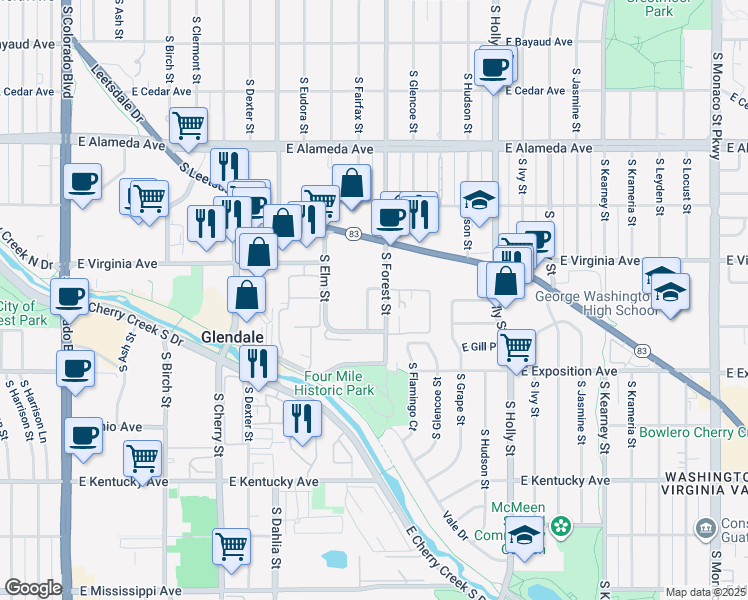 map of restaurants, bars, coffee shops, grocery stores, and more near 551 South Fairfax Street in Denver