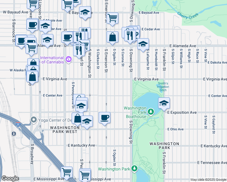 map of restaurants, bars, coffee shops, grocery stores, and more near 553 South Ogden Street in Denver