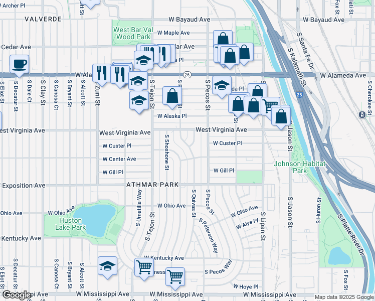map of restaurants, bars, coffee shops, grocery stores, and more near 550 South Quivas Street in Denver