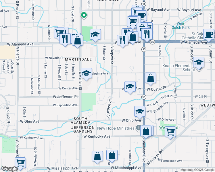 map of restaurants, bars, coffee shops, grocery stores, and more near 588 South Eaton Street in Lakewood