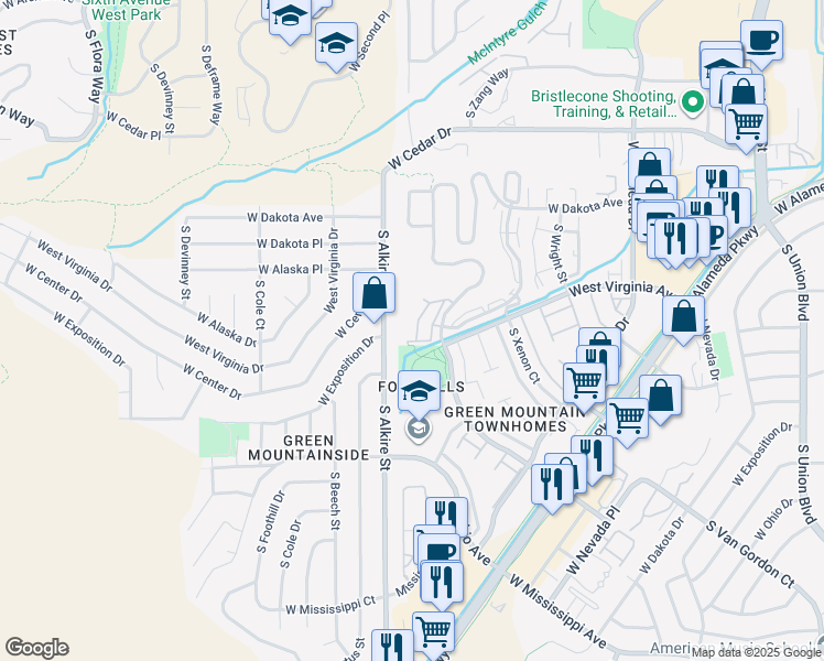 map of restaurants, bars, coffee shops, grocery stores, and more near 548 South Alkire Street in Lakewood
