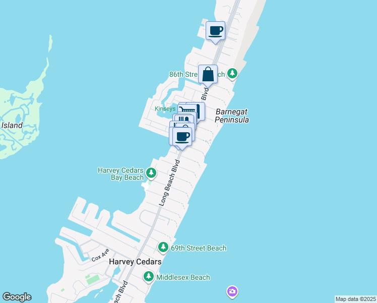 map of restaurants, bars, coffee shops, grocery stores, and more near 7806 Long Beach Boulevard in Harvey Cedars
