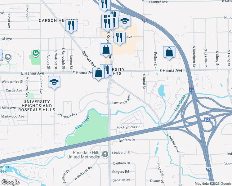 map of restaurants, bars, coffee shops, grocery stores, and more near 4102 Carson Avenue in Indianapolis