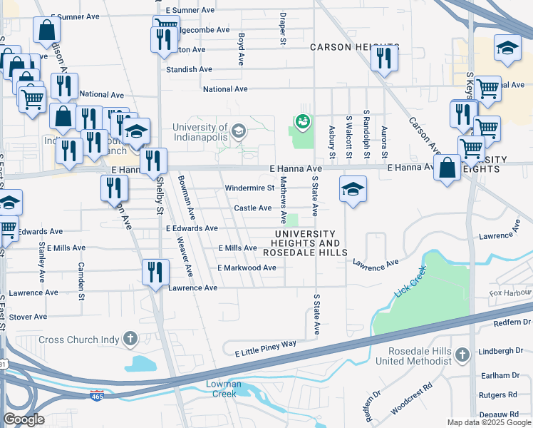 map of restaurants, bars, coffee shops, grocery stores, and more near 1502 Castle Avenue in Indianapolis