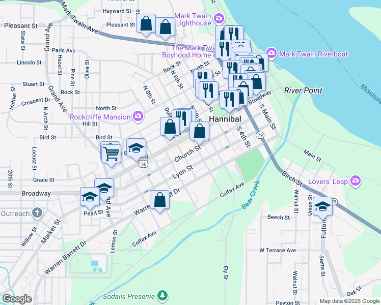 map of restaurants, bars, coffee shops, grocery stores, and more near 777 Broadway in Hannibal