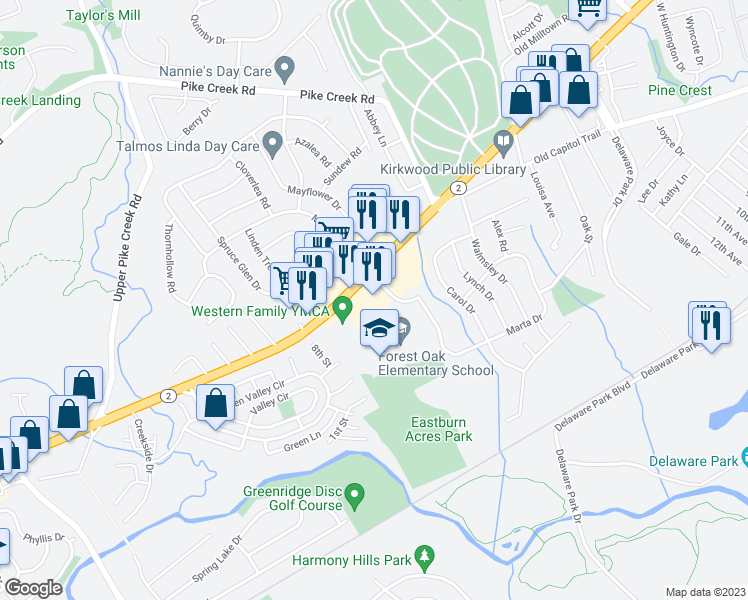 map of restaurants, bars, coffee shops, grocery stores, and more near 2628 Kirkwood Highway in Newark