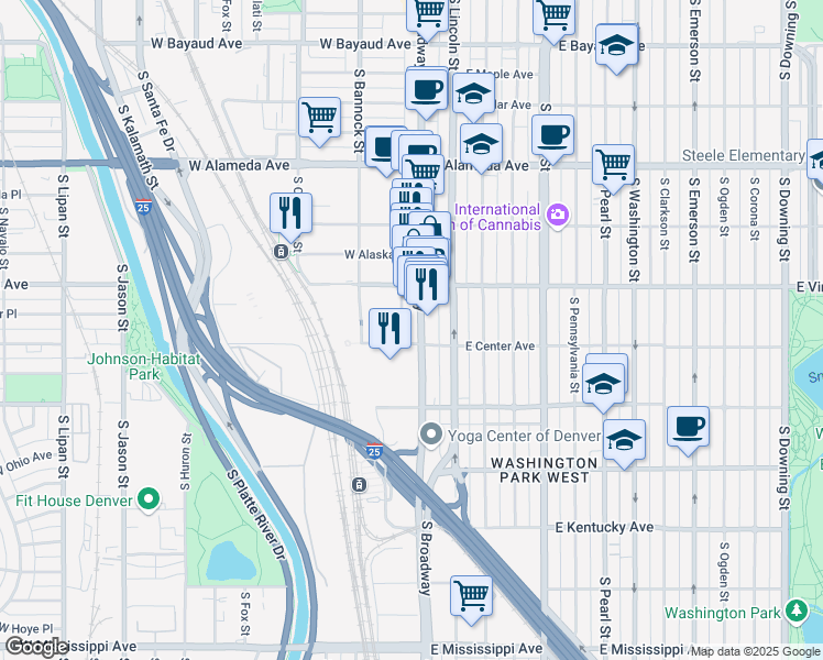 map of restaurants, bars, coffee shops, grocery stores, and more near 545 South Broadway in Denver
