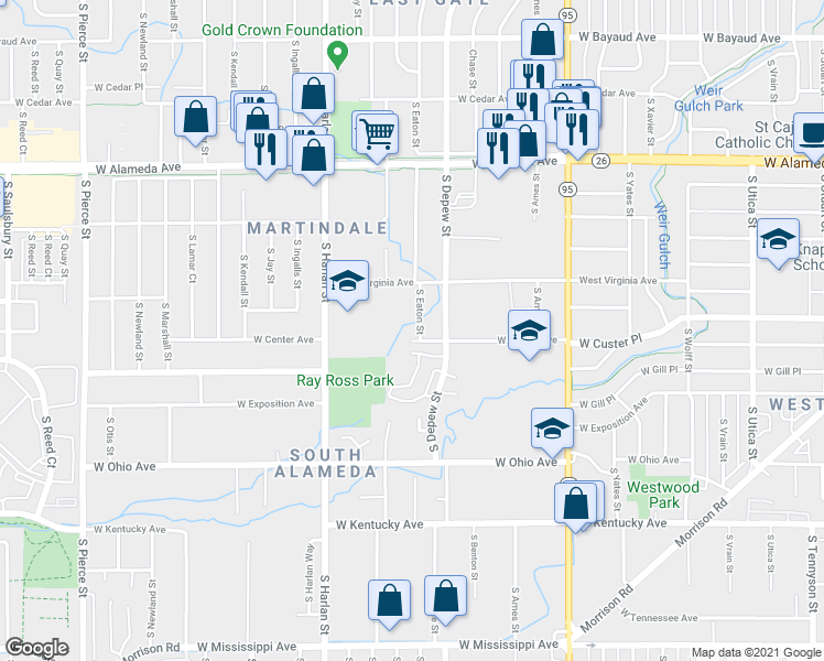 map of restaurants, bars, coffee shops, grocery stores, and more near 587 South Eaton Street in Lakewood