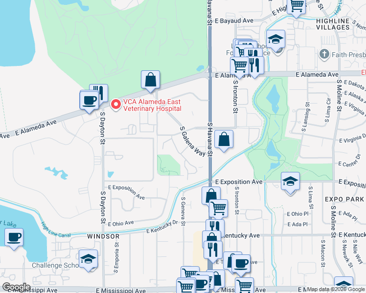 map of restaurants, bars, coffee shops, grocery stores, and more near 4 South Galena Way in Denver