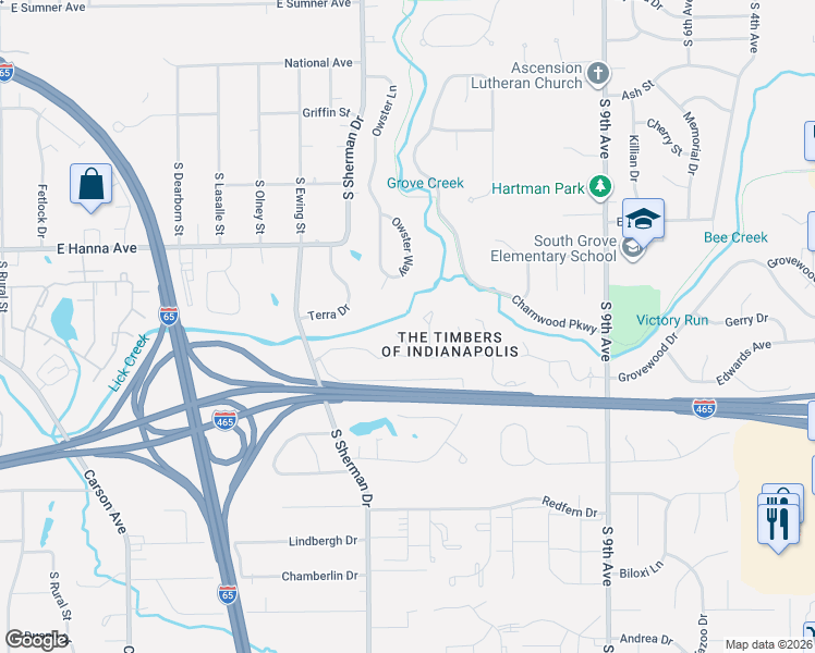 map of restaurants, bars, coffee shops, grocery stores, and more near 4231 Larkspur Trace in Indianapolis