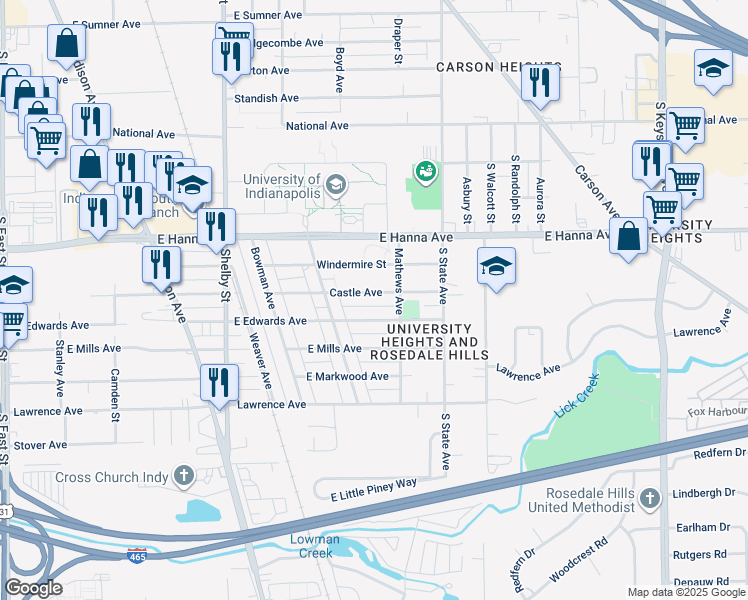 map of restaurants, bars, coffee shops, grocery stores, and more near 1502 Castle Avenue in Indianapolis