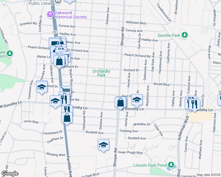 map of restaurants, bars, coffee shops, grocery stores, and more near 420 Claranna Ave in Dayton