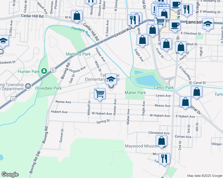 map of restaurants, bars, coffee shops, grocery stores, and more near 611 Lewis Avenue in Lancaster