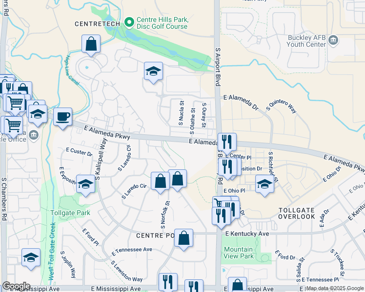 map of restaurants, bars, coffee shops, grocery stores, and more near 16590 East Alameda Parkway in Aurora