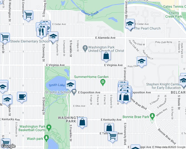 map of restaurants, bars, coffee shops, grocery stores, and more near 570 South High Street in Denver
