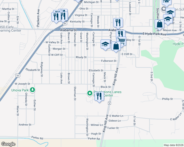 map of restaurants, bars, coffee shops, grocery stores, and more near 6601 Washington Street in Saint Joseph