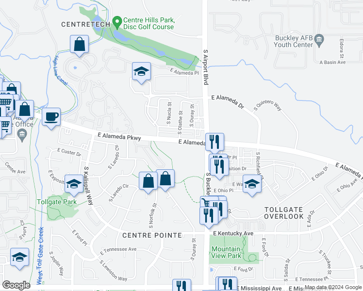 map of restaurants, bars, coffee shops, grocery stores, and more near 16650 East Alameda Parkway in Aurora