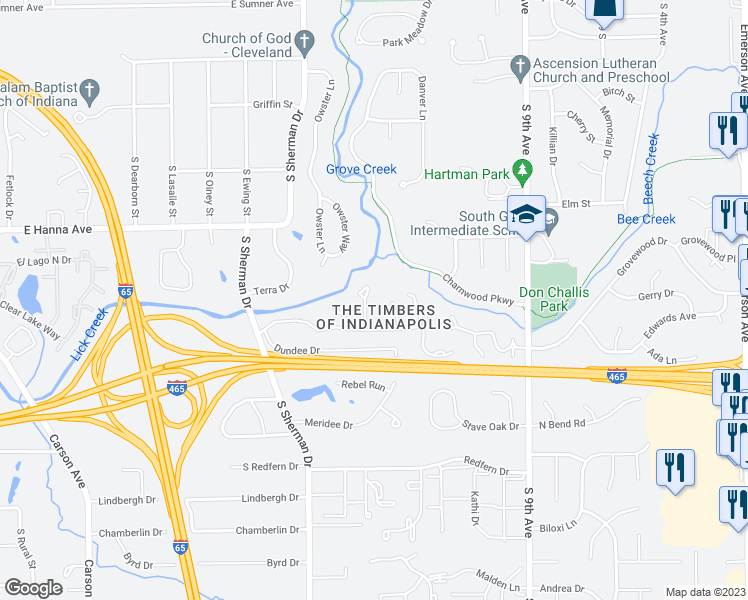 map of restaurants, bars, coffee shops, grocery stores, and more near 4239 Woodsage Trce in Indianapolis