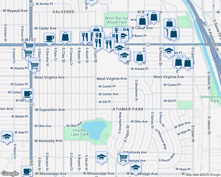 map of restaurants, bars, coffee shops, grocery stores, and more near 2200 West Custer Place in Denver