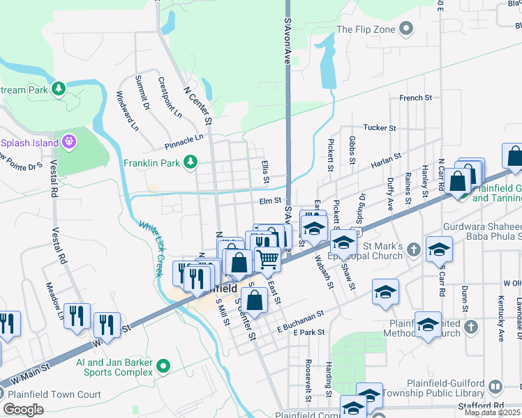 map of restaurants, bars, coffee shops, grocery stores, and more near 250 North East Street in Plainfield