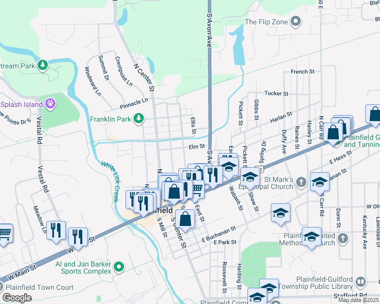 map of restaurants, bars, coffee shops, grocery stores, and more near 250 North East Street in Plainfield