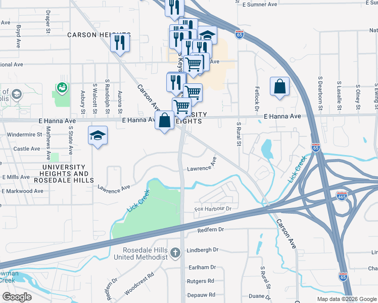 map of restaurants, bars, coffee shops, grocery stores, and more near 4102 Carson Avenue in Indianapolis