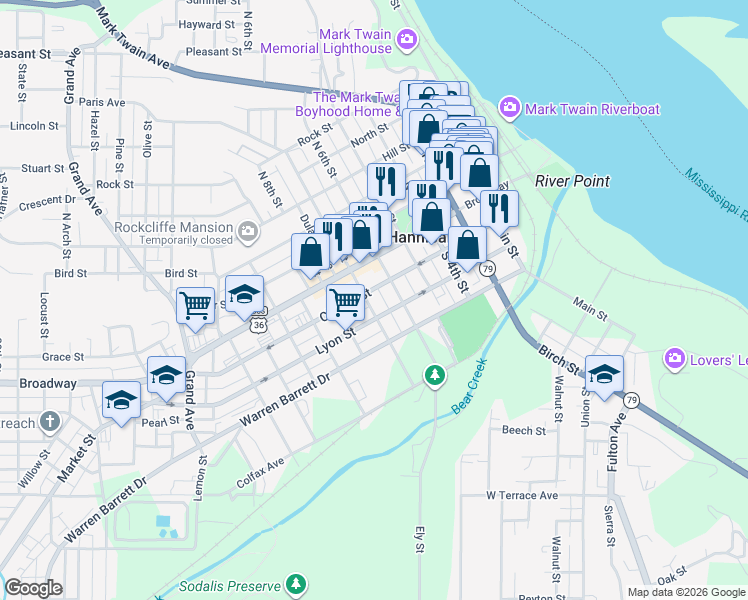 map of restaurants, bars, coffee shops, grocery stores, and more near 208 South 7th Street in Hannibal