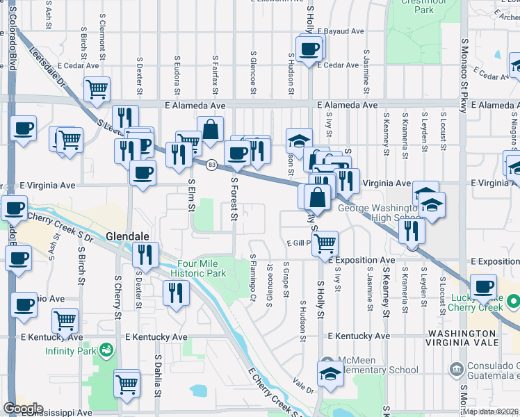 map of restaurants, bars, coffee shops, grocery stores, and more near 540 South Forest Street in Denver