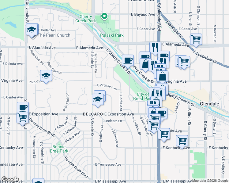 map of restaurants, bars, coffee shops, grocery stores, and more near 3528 East Virginia Avenue in Denver