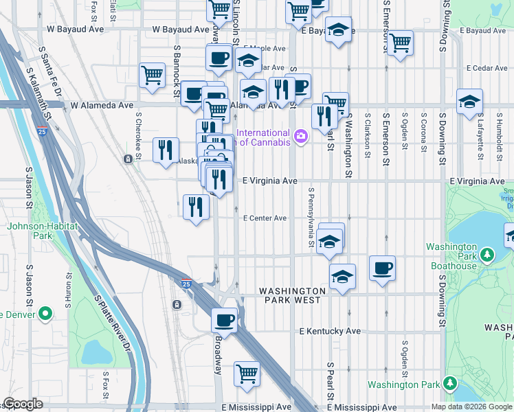 map of restaurants, bars, coffee shops, grocery stores, and more near 556 South Sherman Street in Denver
