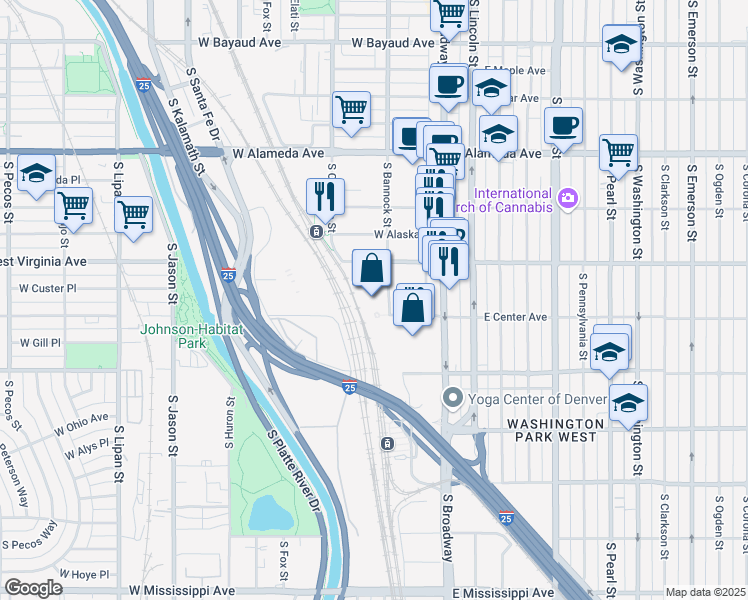 map of restaurants, bars, coffee shops, grocery stores, and more near 595 South Broadway in Denver