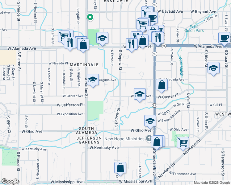 map of restaurants, bars, coffee shops, grocery stores, and more near 588 South Eaton Street in Lakewood