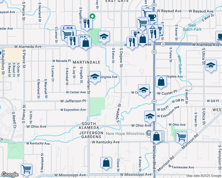 map of restaurants, bars, coffee shops, grocery stores, and more near 587 South Eaton Street in Lakewood