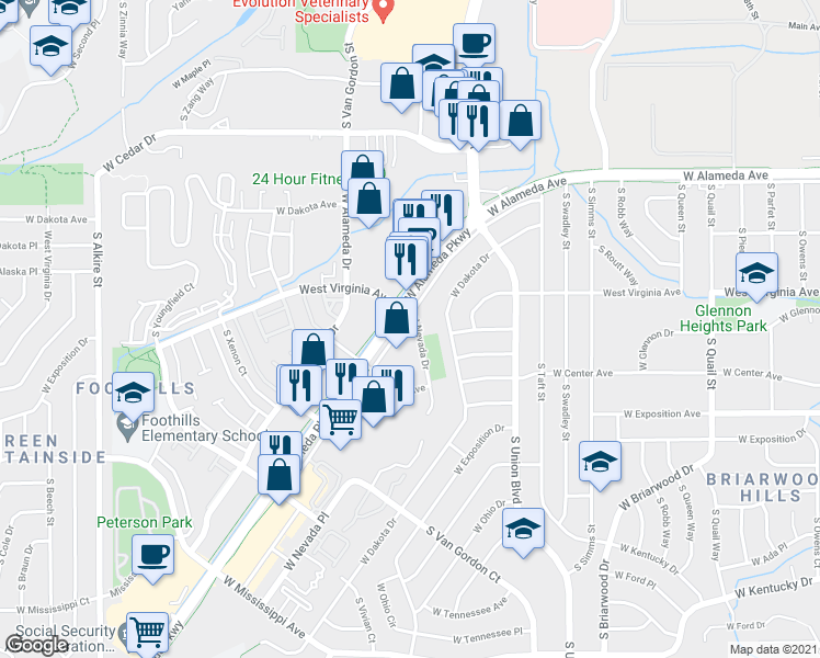 map of restaurants, bars, coffee shops, grocery stores, and more near 12100 West Alameda Parkway in Lakewood