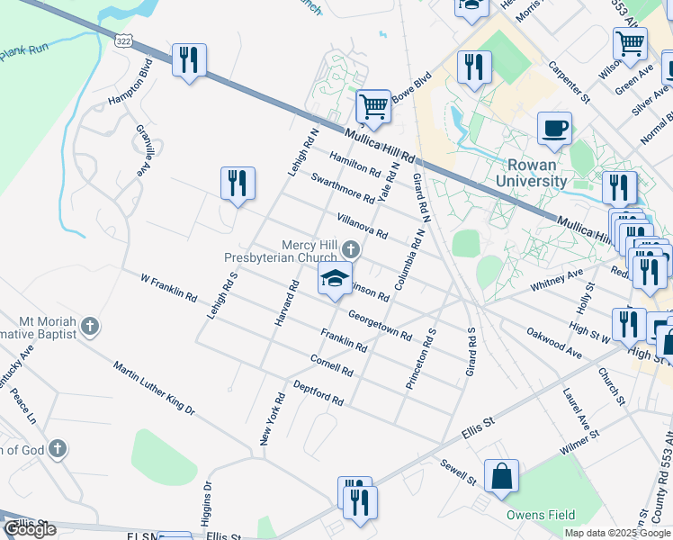 map of restaurants, bars, coffee shops, grocery stores, and more near 315 Dickinson Road in Glassboro