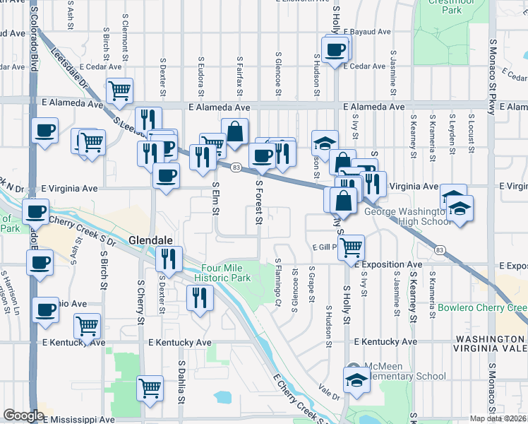 map of restaurants, bars, coffee shops, grocery stores, and more near 580 South Forest Street in Denver