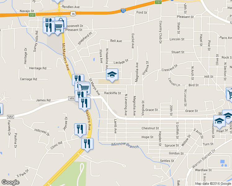 map of restaurants, bars, coffee shops, grocery stores, and more near 2710 Rackliffe Street in Hannibal